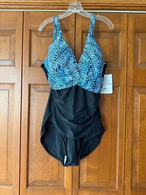 Blue Pattern & Black One-Piece Swim Suit